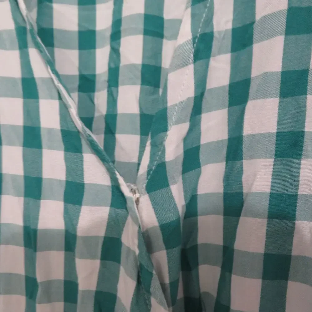 LOFT Women Sz S Teal White Gingham Plaid Surplice V Neck Wrap Blouse Puff Sleeve
